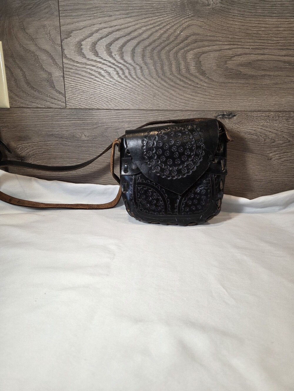 Vintage Handcrafted Black Leather Crossbody Bag